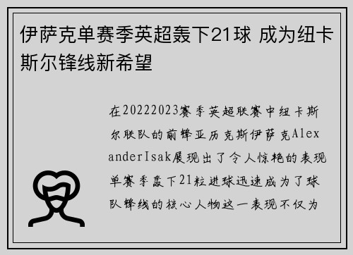 伊萨克单赛季英超轰下21球 成为纽卡斯尔锋线新希望 伊萨克单赛季英超轰下21球 成为纽卡斯尔锋线新希望