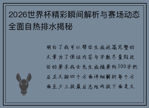 2026世界杯精彩瞬间解析与赛场动态全面自热排水揭秘