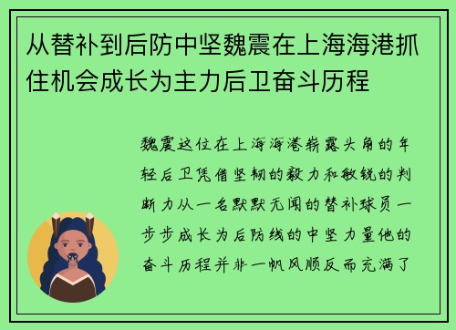从替补到后防中坚魏震在上海海港抓住机会成长为主力后卫奋斗历程